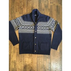 J.Crew Fair Isle Lambswool Cardigan Mens Medium Navy Blue Tan Shawl Sweater